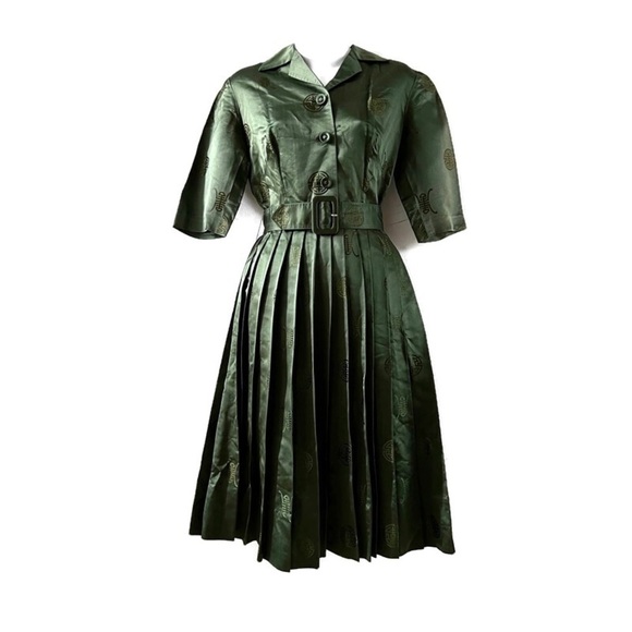 1950s Emerald Green Silk Party Dress Chinese Prom Dress Vintage Satin - Picture 8 of 8